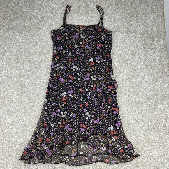 City Triangles Dresses & Skirts - City Triangles Vintage 90s Floral Chiffon Ruffle Midi Dress Black Purple Size 11